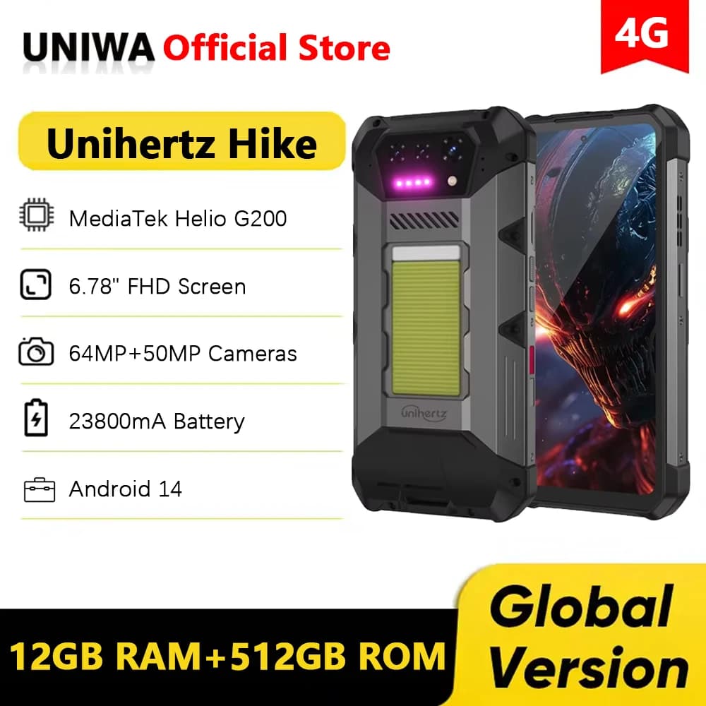 Unihertz 8849 Hike 4G Smartphone robusto Torcia da 200 metri LED 23800mAh 24GB 512GB Helio G200 Telefono cellulare indistruttibile NFC
