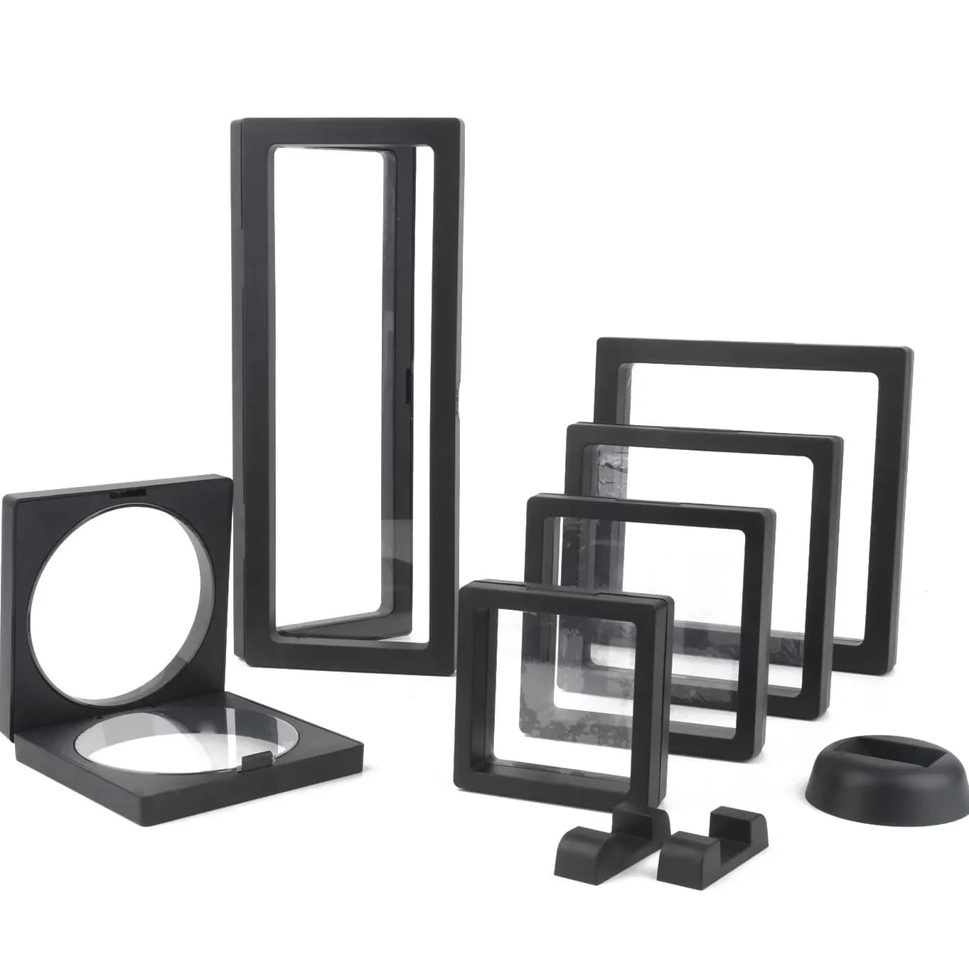 Scatola portaoggetti per gioielli in pellicola PE nera Custodia per imballaggio 3D Pietra preziosa Supporto gratuito Cornice galleggiante Anello a membrana Orecchini Espositore per collane