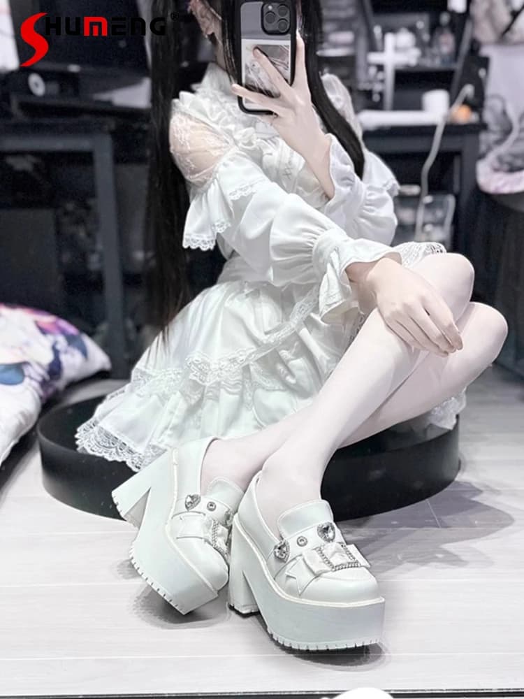 Original Japanese Mines Style Subculture Moccasins with thick sole Diamond Heart Elegant Sweet High Heels Pumps for Women Shoes Lolita