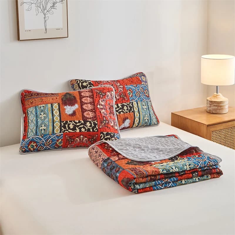 Set red retro bed cover, soft polyester + pillowcase, patchwork of quilted flowers, 229 * 229 cm 3 pieces / set