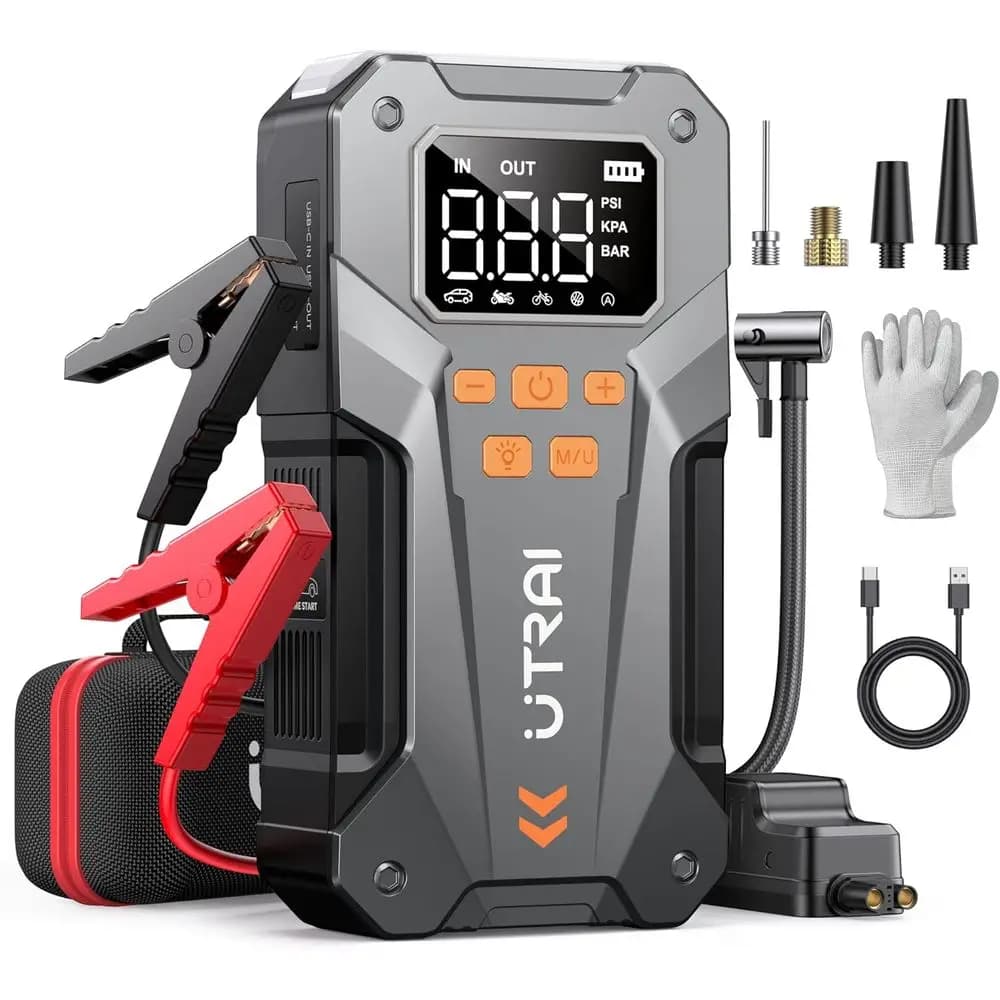 Avviatore di Emergenza Portatile 5000A 150PSI con Compressore d'Aria, Luce LED, Cavi di Avviamento, Custodia per il Trasporto