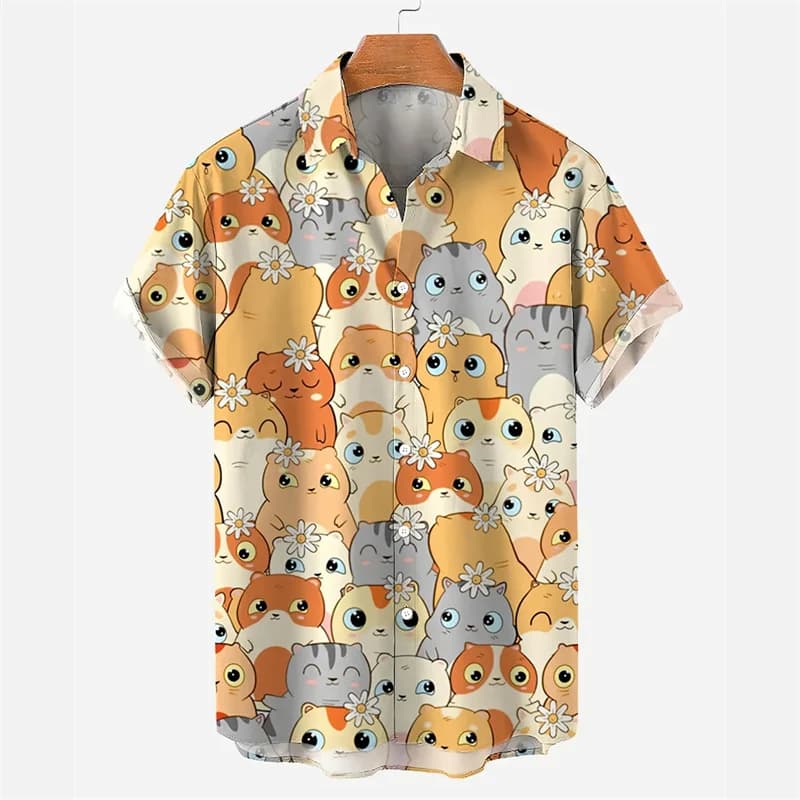 Camicia Hawaiana da Uomo con Stampa 3D Gatto Cartone Animato, alla Moda, per Vacanze Estive, con Bottoni e Colletto, Blusa a Maniche Corte Cool Street