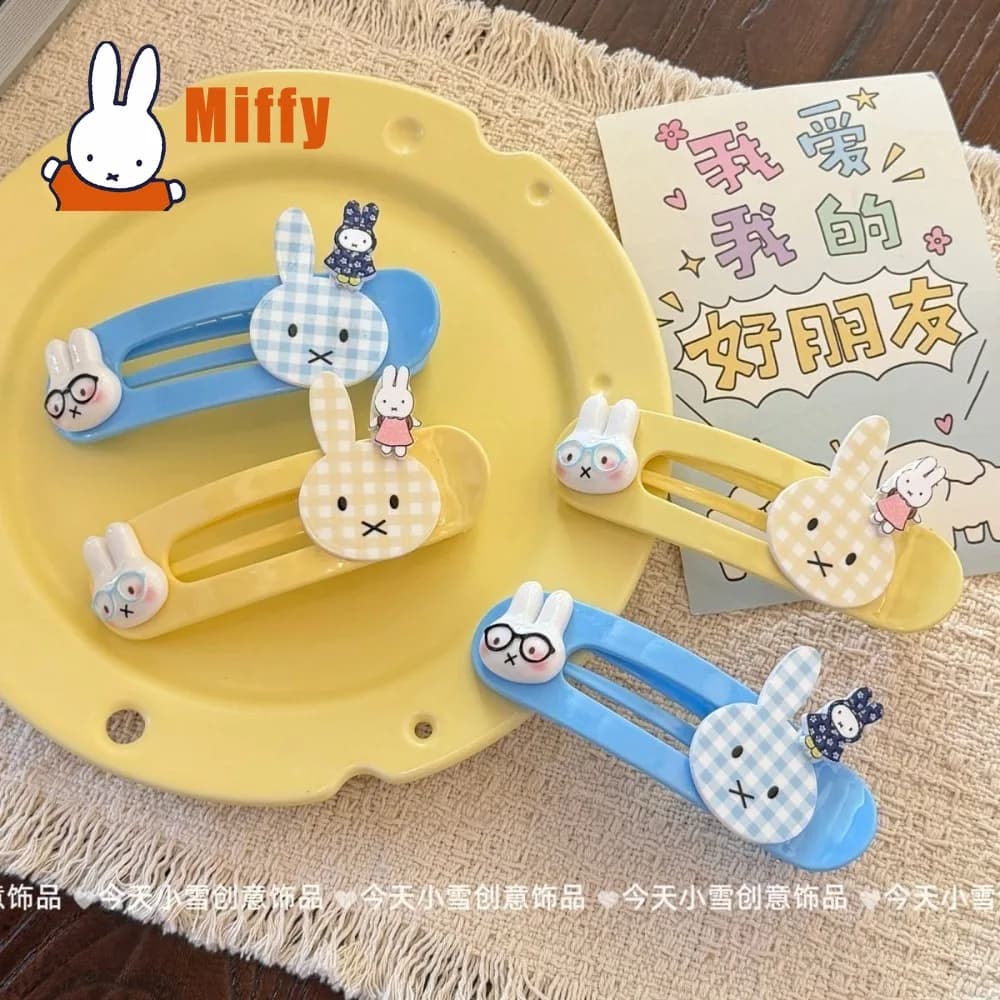 Fermaglio per capelli Kawaii Miffy, graziose mollette a forma di coniglio, grandi forcine a becco d'anatra, accessori per capelli a quadri blu e gialli opachi, regalo