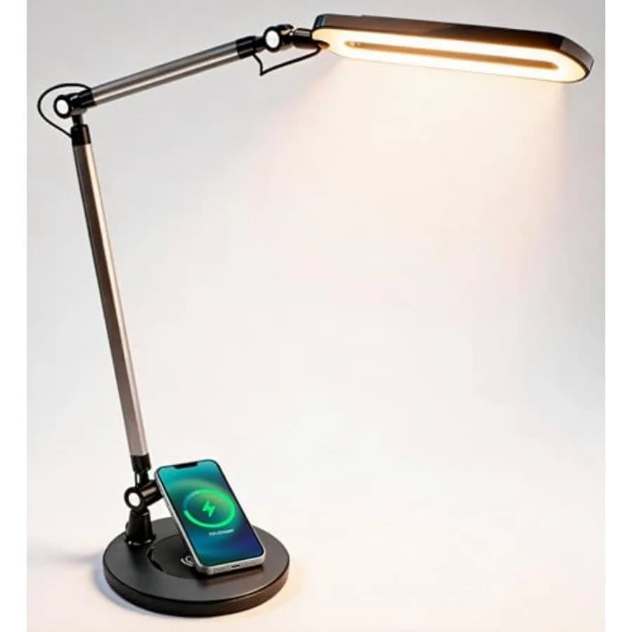 Lampada da Scrivania LED per Ufficio e Casa con Caricatore Wireless, Braccio Orientabile, Altezza 81 cm, Pannello 30 cm, 3 Modalità di Colore