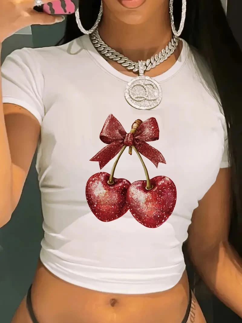 Retro 90s Chic Cropped Cherry Print Crew Neck Women T-shirt Y2K Short Sleeve Tight Fit Crop Top Spring Summer Women's Clothing
