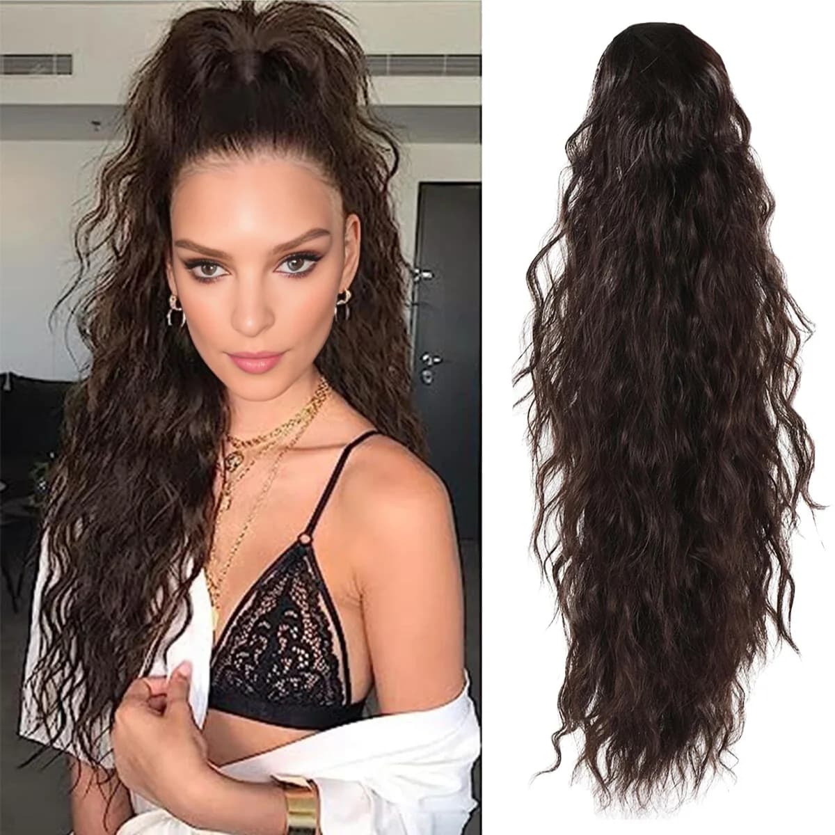 Coda di Cavallo da Donna 65cm 165g, Parrucca Naturale alla Moda con Grandi Onde Ricci, Capelli Lunghi Realistici e Voluminosi, Coda di Cavallo Effetto Corn Perm