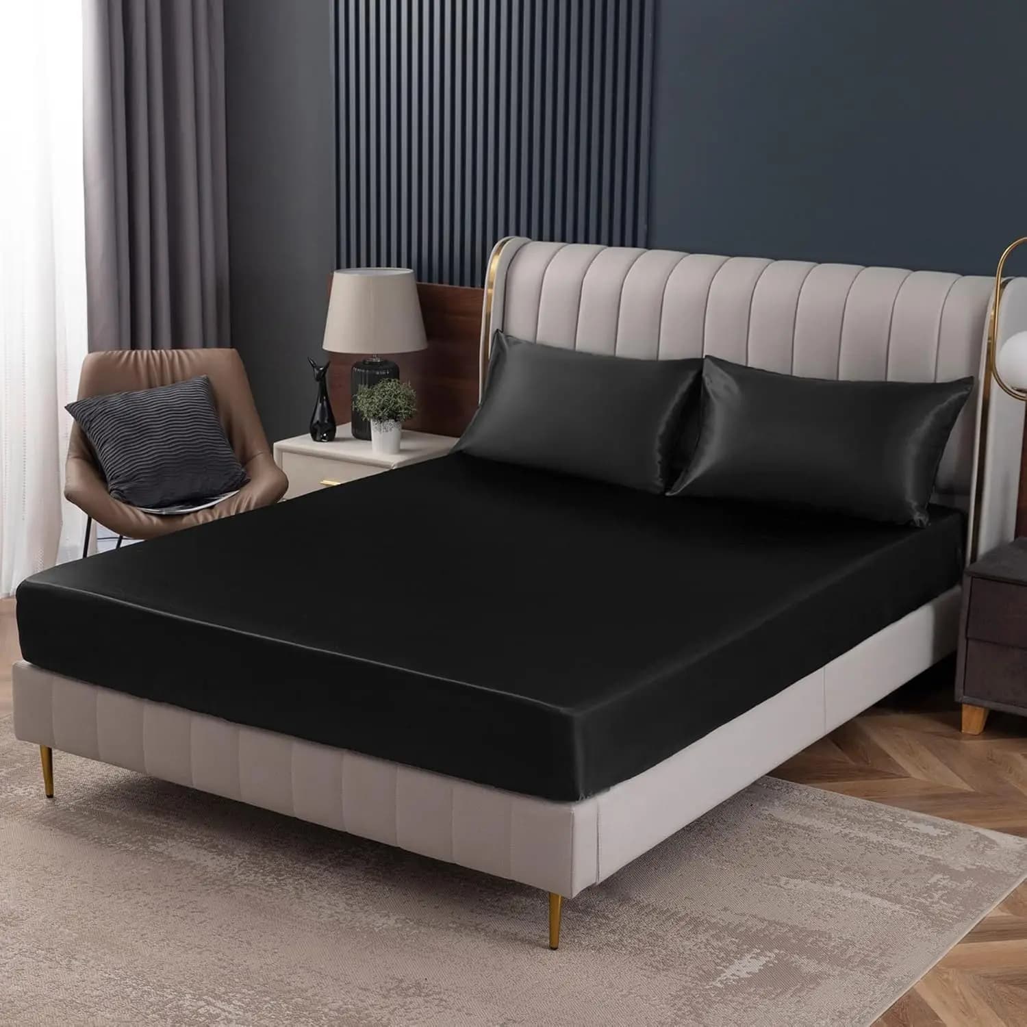 Lenzuolo con Angoli in Raso Nero Misura Standard con Tasca Profonda, Biancheria da Letto Ultra Morbida di Lusso per Letti Singoli
