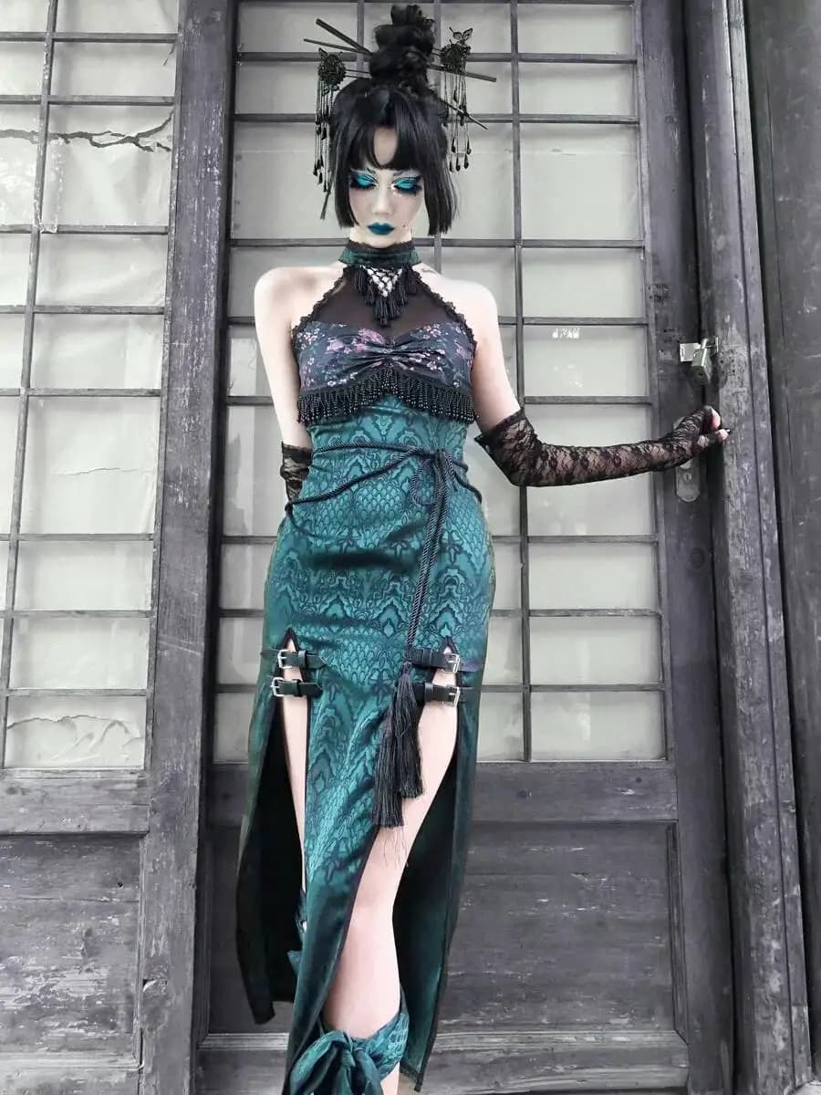 New Chinese Style Improved Cheongsam Dress Gothic Lace Halter Slit Green Qipao Bodycon Party Dress Halloween Party