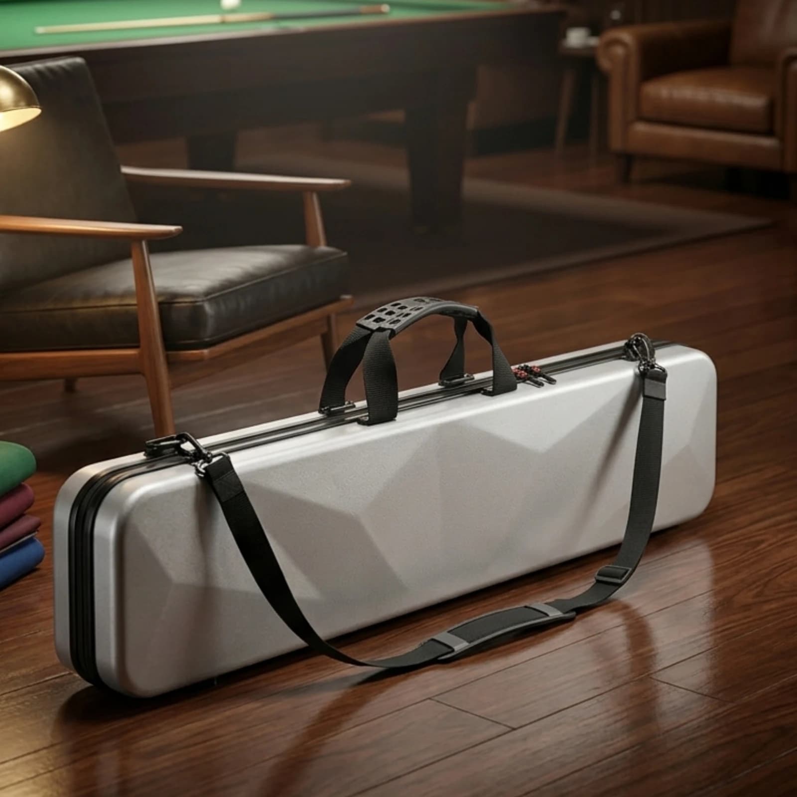 Hard Pool Cue Case Detachable Shoulder Strap Pool Cue Case Zip-Around Carry Handle
