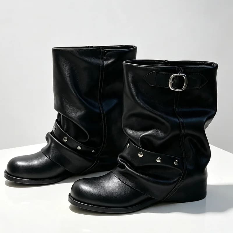 High Quality Leather Rivets Design Western Cowboy Boots Women Fashion Round-Toe Metal Buckle Detail Chunky Heel Ankle Boots