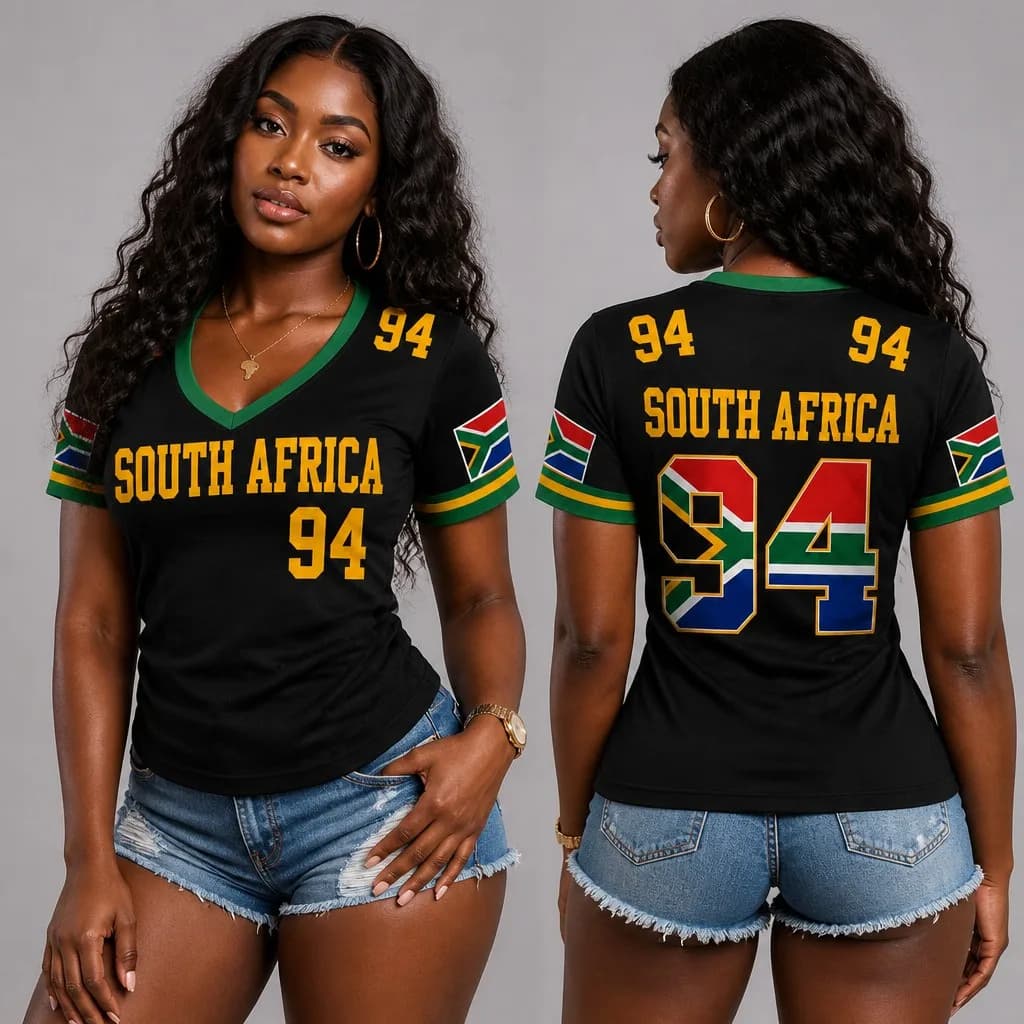 Summer Women's V-neck Short-sleeved T-shirt, Fashionable and Sexy, Printed South African Flag Pattern, Jersey Style T-shirt