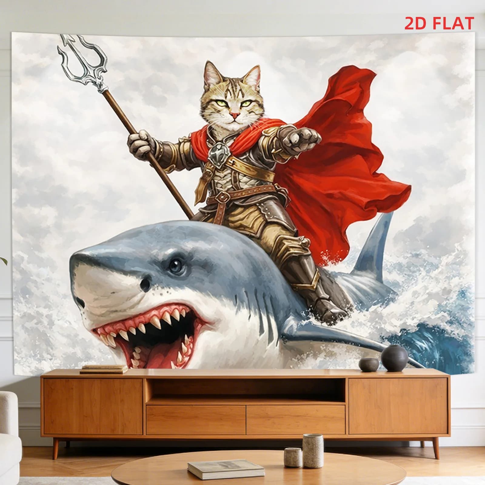 Trendy Warrior Cat on Shark Tapestry Wall Hanging Canvas Art Pop Culture Fantasy Marine Decor Illustration Print