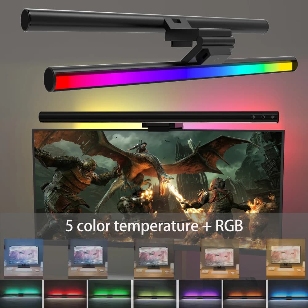 42cm RGB Game Atmosphere Light LED Desk Lamp PC Screen Hanging Light Bar Eye-protection 5Color For office/study/read Lighting