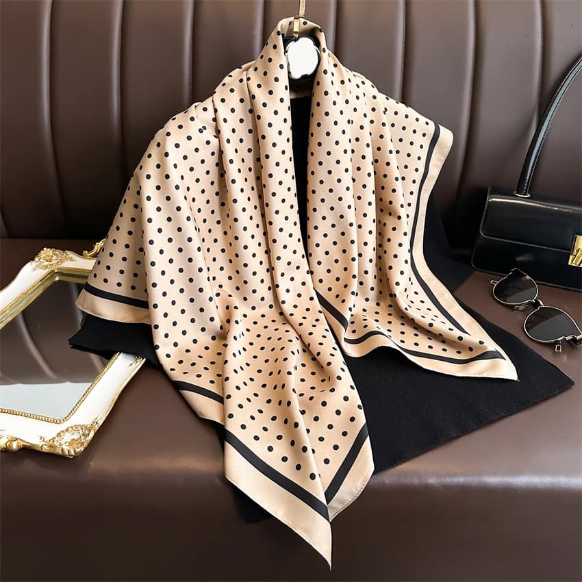 Summer Elegant Woman 90cm Twill Square Silk Scarf For Hair Dot Print Solar Protection Beach Stole Scialle Hijab Wrap Bandana Echarpe
