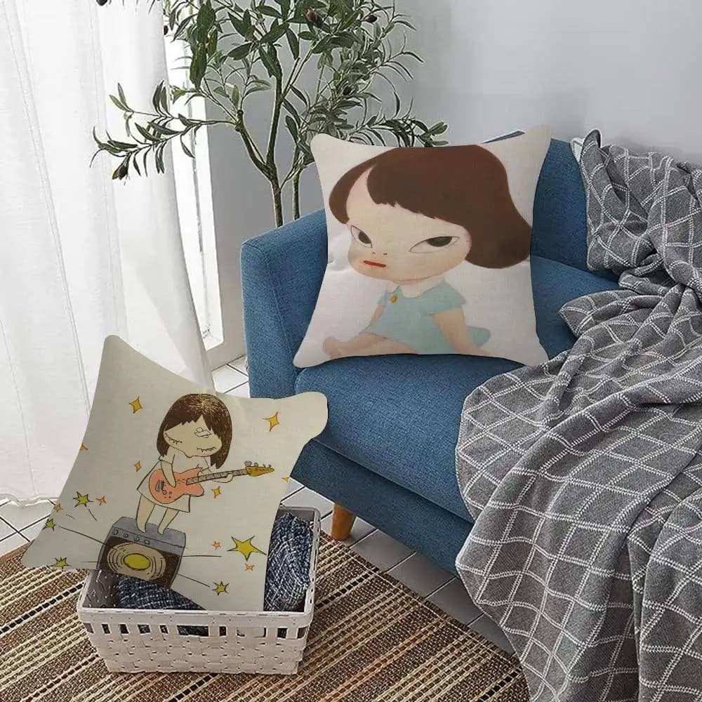 Y-Yoshitomo Nara Art Lovely Melancholy Decorative sofa cushion, home decoration, front-back printing, in short plush, pretty pillow lining