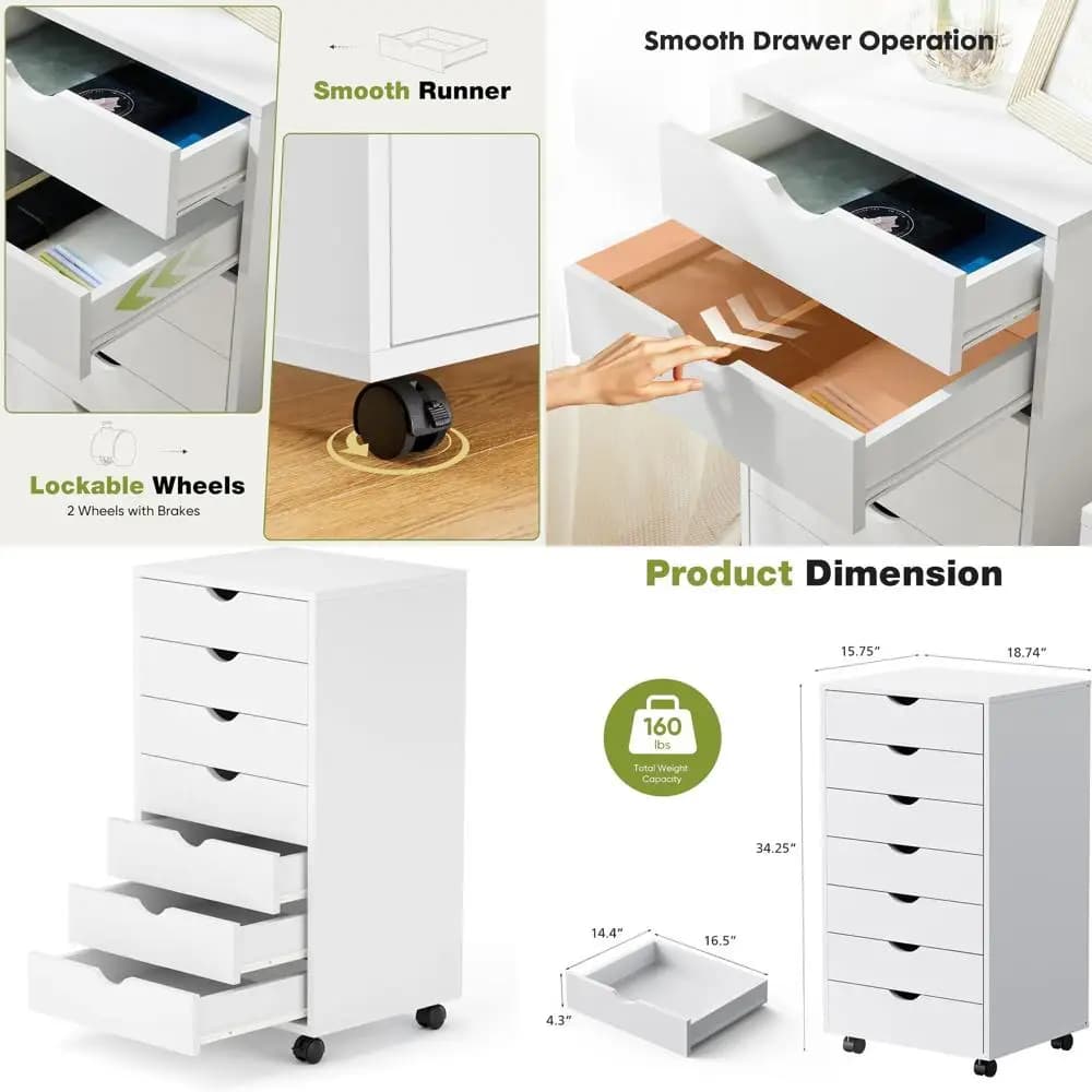 Organizzatore da scrivania con ruote: Cassettiera mobile in legno per stampante o forniture da ufficio, bianco