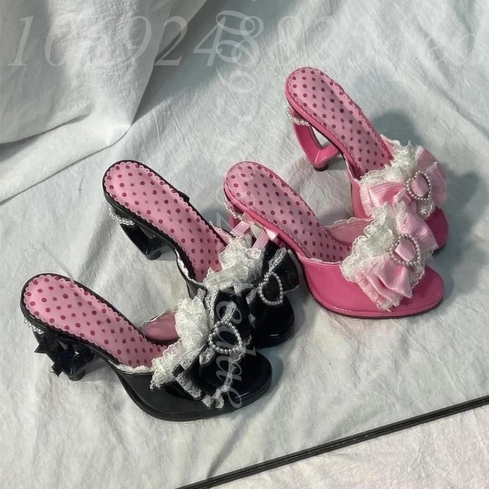 Women's Pink & Black Patent Heel Slippers, Polka Dot Lining, Lace & Bow with Pearl Heart, Heart Kitten Heel, Y2K Lolita Shoes
