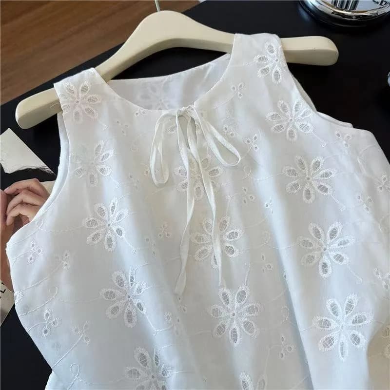 Sweet Spicy Women French Sleeveless Top Summer Hollow Crochet Ruffle Hem White Tie Neck Blouse