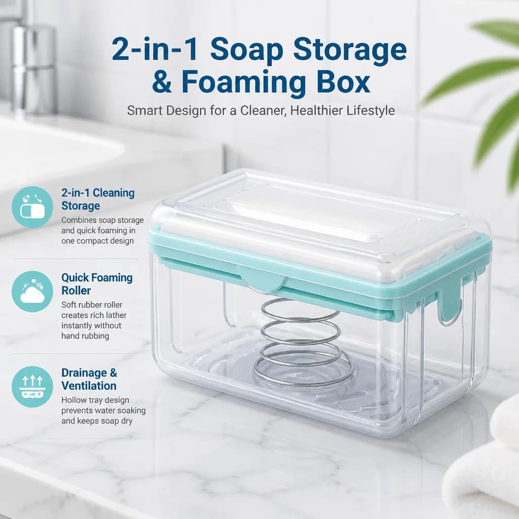 Soap Dish With Lid Soap Holder Bathroom Organizer Travel Soap Box Draining Soap Saver 2 In 1 Quick Foaming Roller Shower