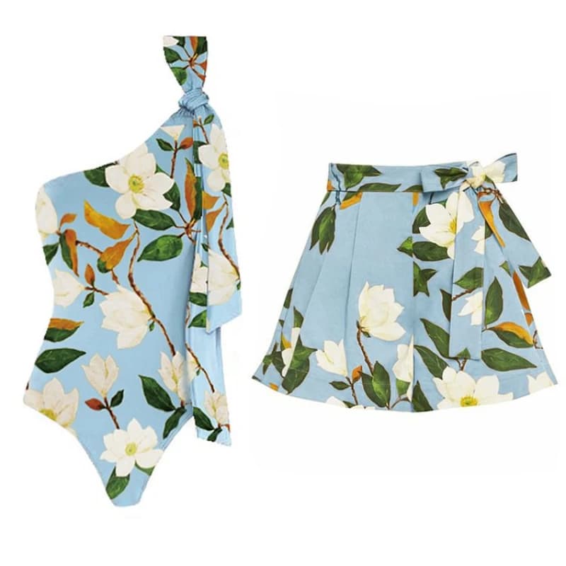 Nuovo Costume da Bagno Intero Monospalla con Stampa Retrò 2 Pezzi 2026 da Donna, Vestibilità Slim, con Gonna Copricostume da Spiaggia