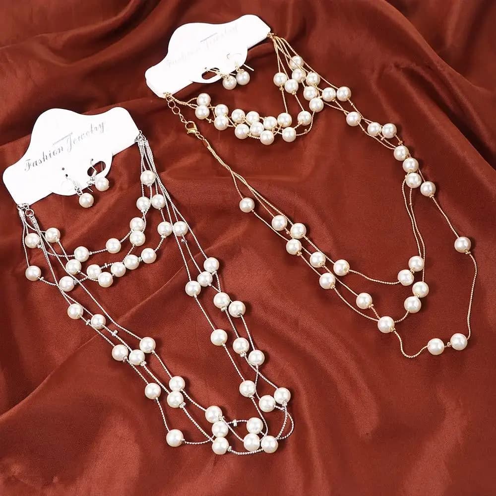 Accessori per Matrimonio: Orecchini con Perline, Collana Multistrato di Perle, Set da Sposa con Collana e Orecchini, Set di Gioielli