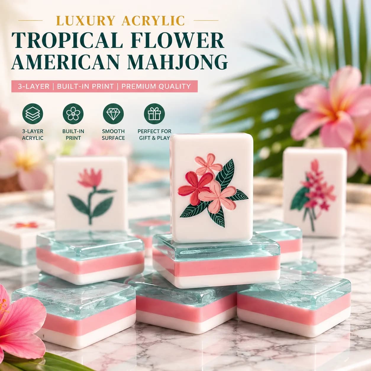 Luxury Acrylic American Mahjong Tiles, Tropical Flower 3-Layer Printed Mahjong Set, Premium Game Tiles for Family Party Gifts