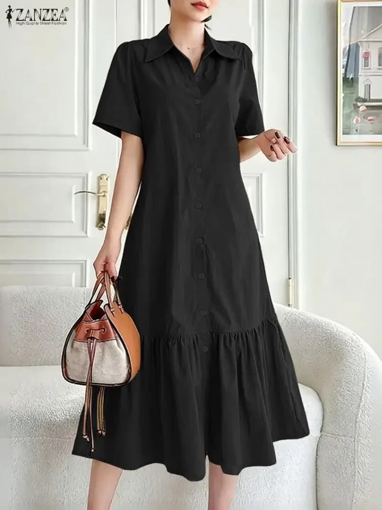 ZANZEA Moda Donna Abiti Midi Elegante Manica Corta Orlo Increspato A-Line Colletto Camicia Camicia Primavera 2026 Donna Vestiti S-3XL