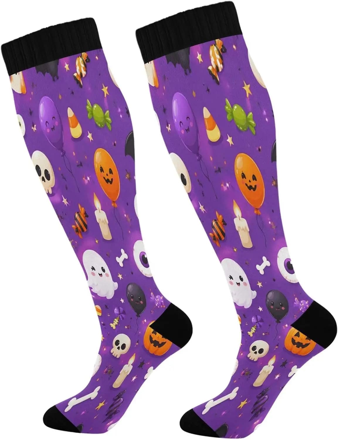 Purple Halloween Compression Socks for Adults Teens Knee High Athletic Stockings, Running Cycling Sport