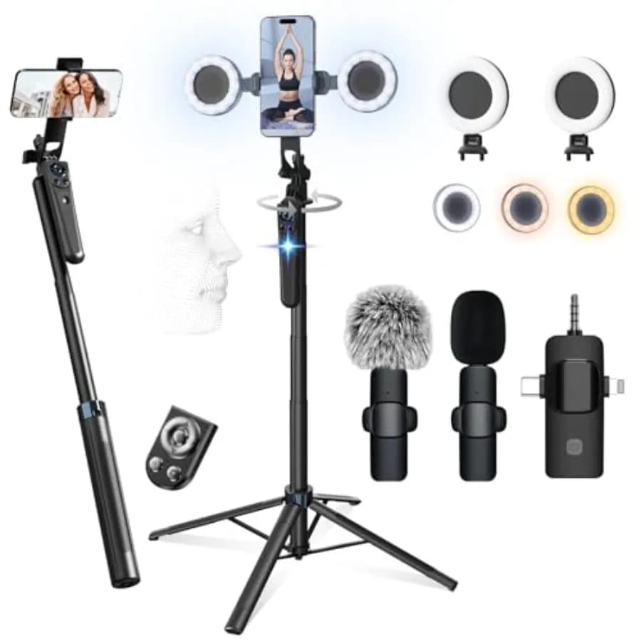 Kit Essenziale per Creatori di Contenuti da 63 Pollici - Doppia Illuminazione e Doppio Microfono 360 ° Treppiede Rotante con Tracciamento Automatico del Viso per iPhone/Android