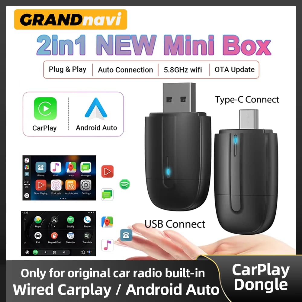 Mini Box Smart Wireless CarPlay Android Auto NEW USB Type-C Plug&Play Fast WiFi Connection Compatible with 98% CarPlay Adapters