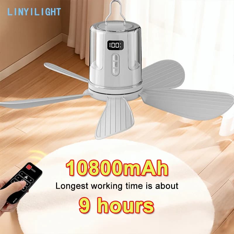 Ventilatore da Soffitto Portatile da 10800mAh, Ventilatore da Soffitto a Batteria Senza Fili, Ventilatore da Baldacchino con Illuminazione Ambientale RGB per Tenda da Campeggio