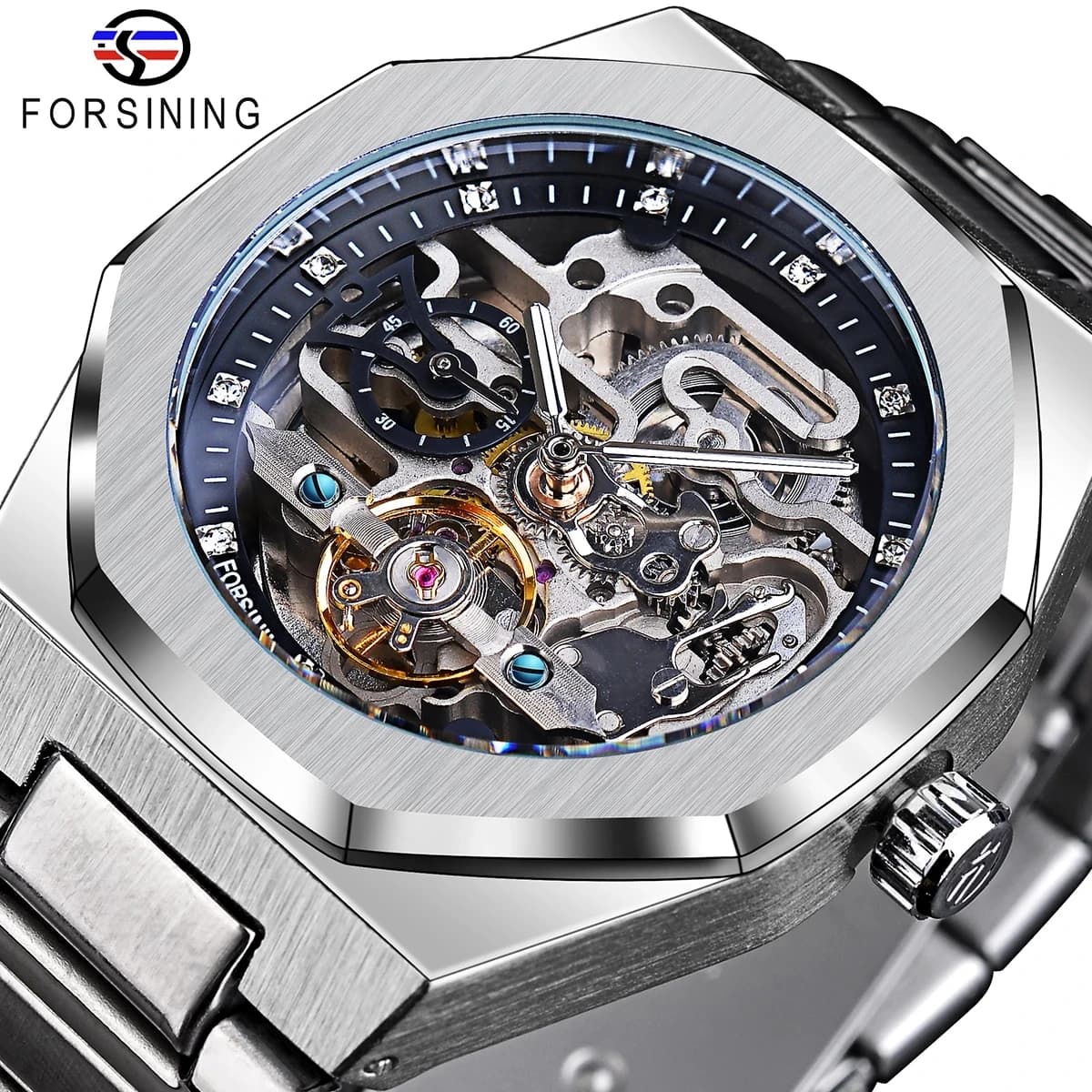 Orologio Meccanico Automatico Casual Forsining per Uomo, Lancette Luminose, Cinturino in Acciaio Inossidabile, Orologio da Uomo di Lusso con Scheletro alla Moda