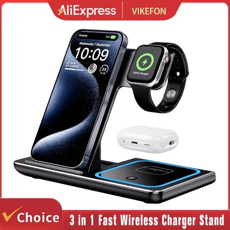 Wireless Charger 3 in 1 Foldable with Quick Charging Base for iPhone 17 16 15 14 13 12 11 X 8, Apple Watch and Airpods