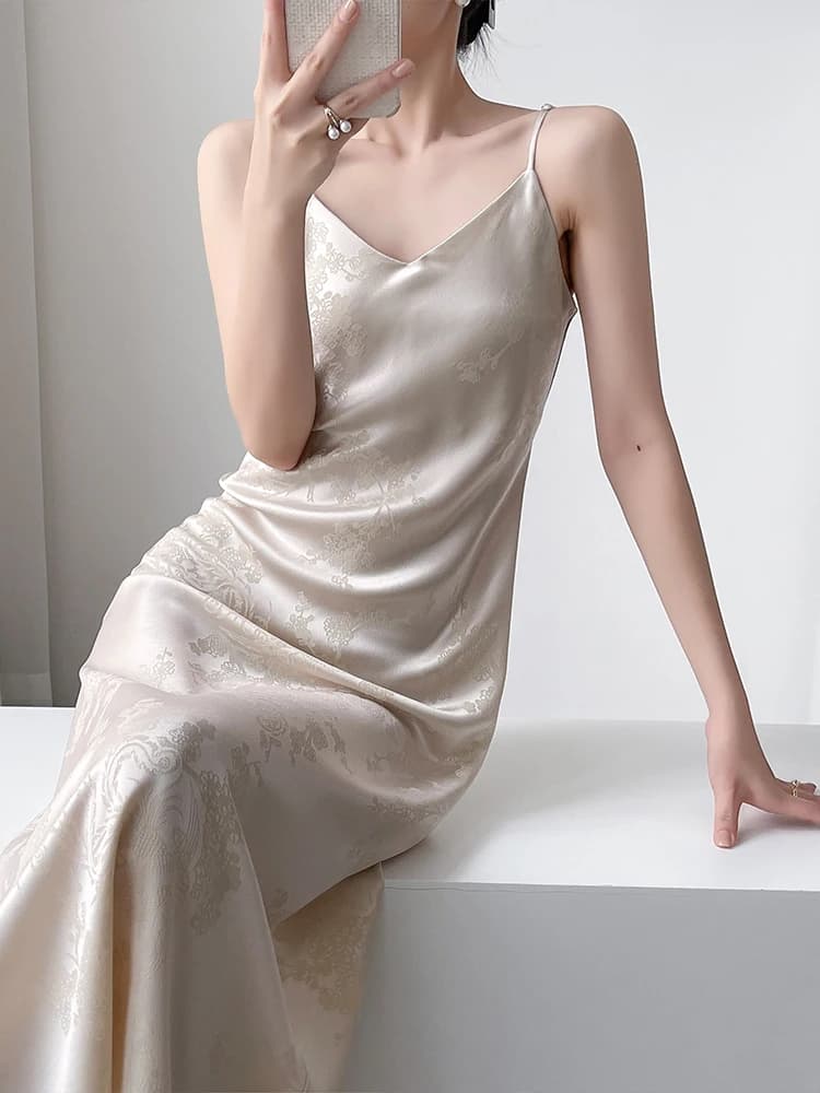 Yahti Chinese Style V-Neck Midi Dress Silk Satin Blouse Women Summer A-Line Skirt No Sleeve Slim Fit Daily Wear