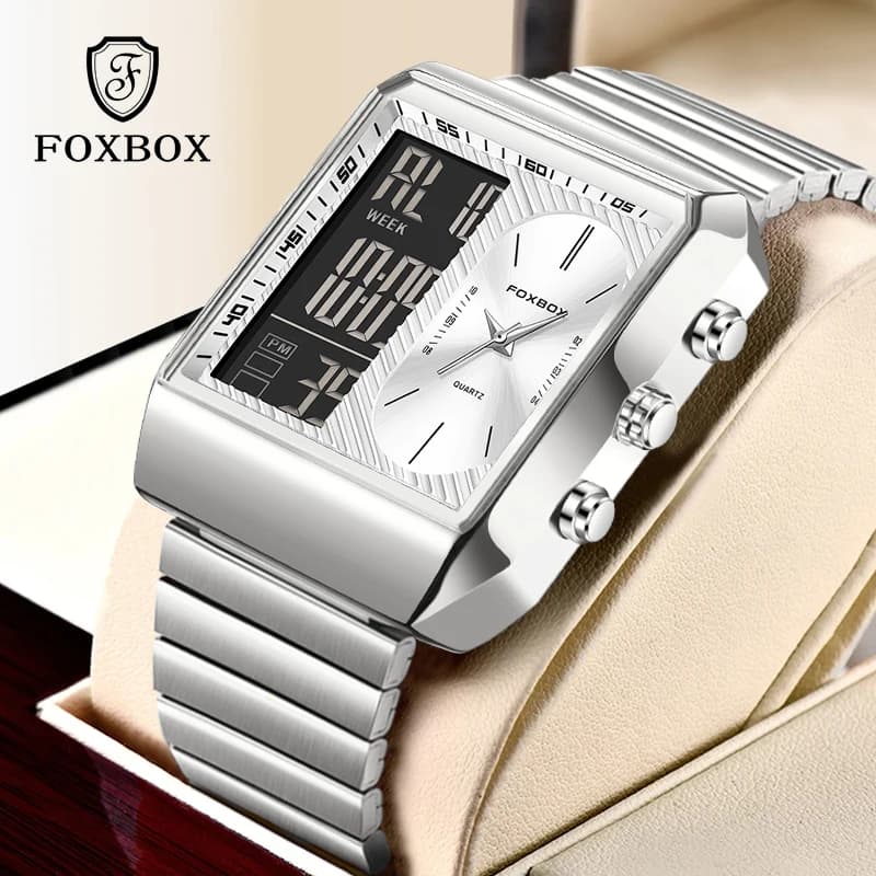 LIGEl Men's Watch With Double Display FOXBOX Fashionable Waterproof Chronograph Watch for Men's Quartz Watches With Luxury Stainless Steel Date