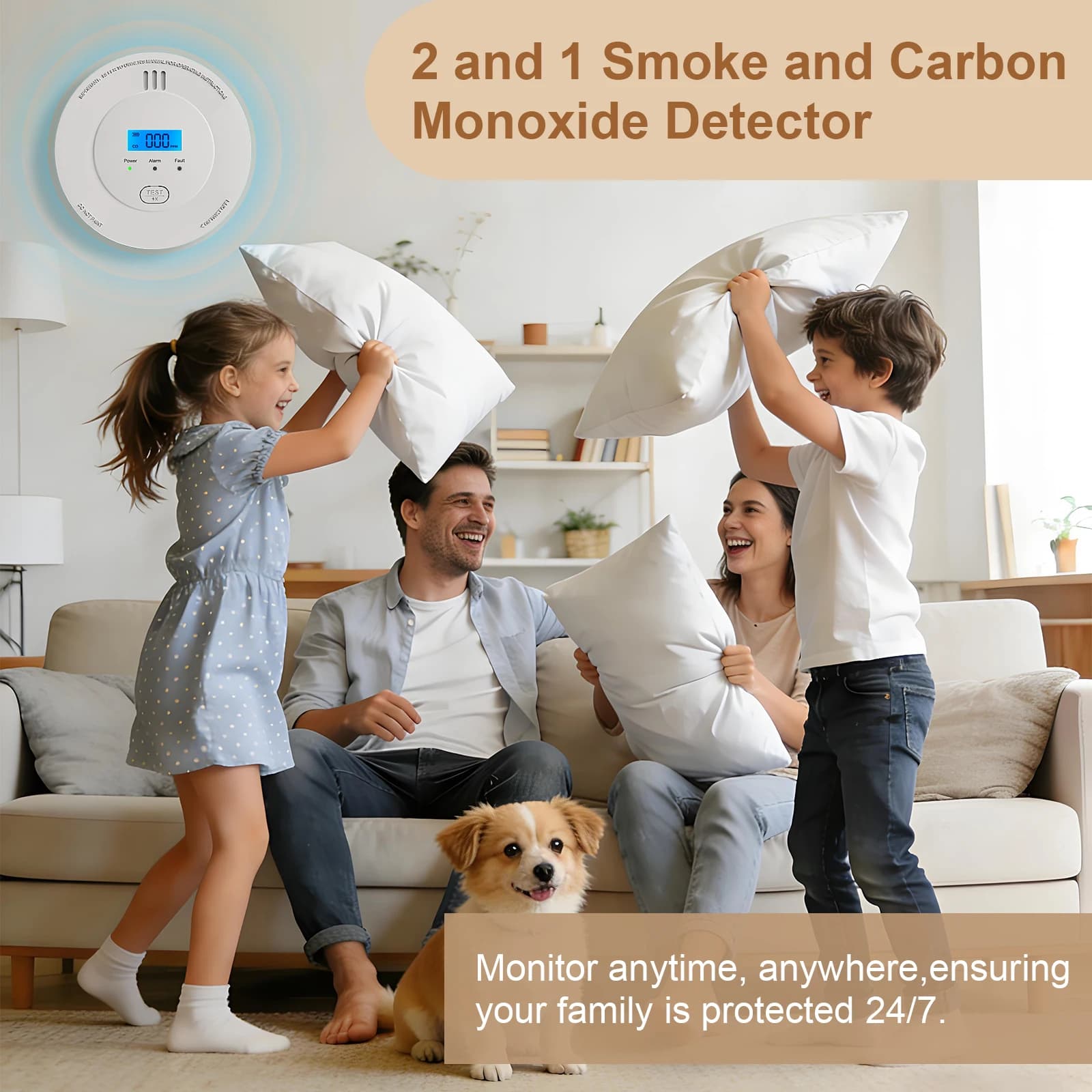 2-in-1 Co&Smoke Detector LCD Display Carbon Monoxide Alarm Photoelectric Smoke Alarm for Home Protection