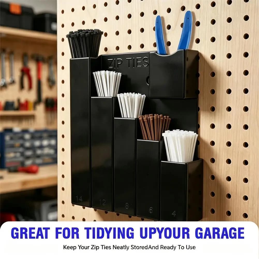 Wall Mount Zip Tie Organizer 6-Grid Cable Tie Storage Holder With Pliers Pocket Multipurpose Garage Workshop Tool Storage Rack