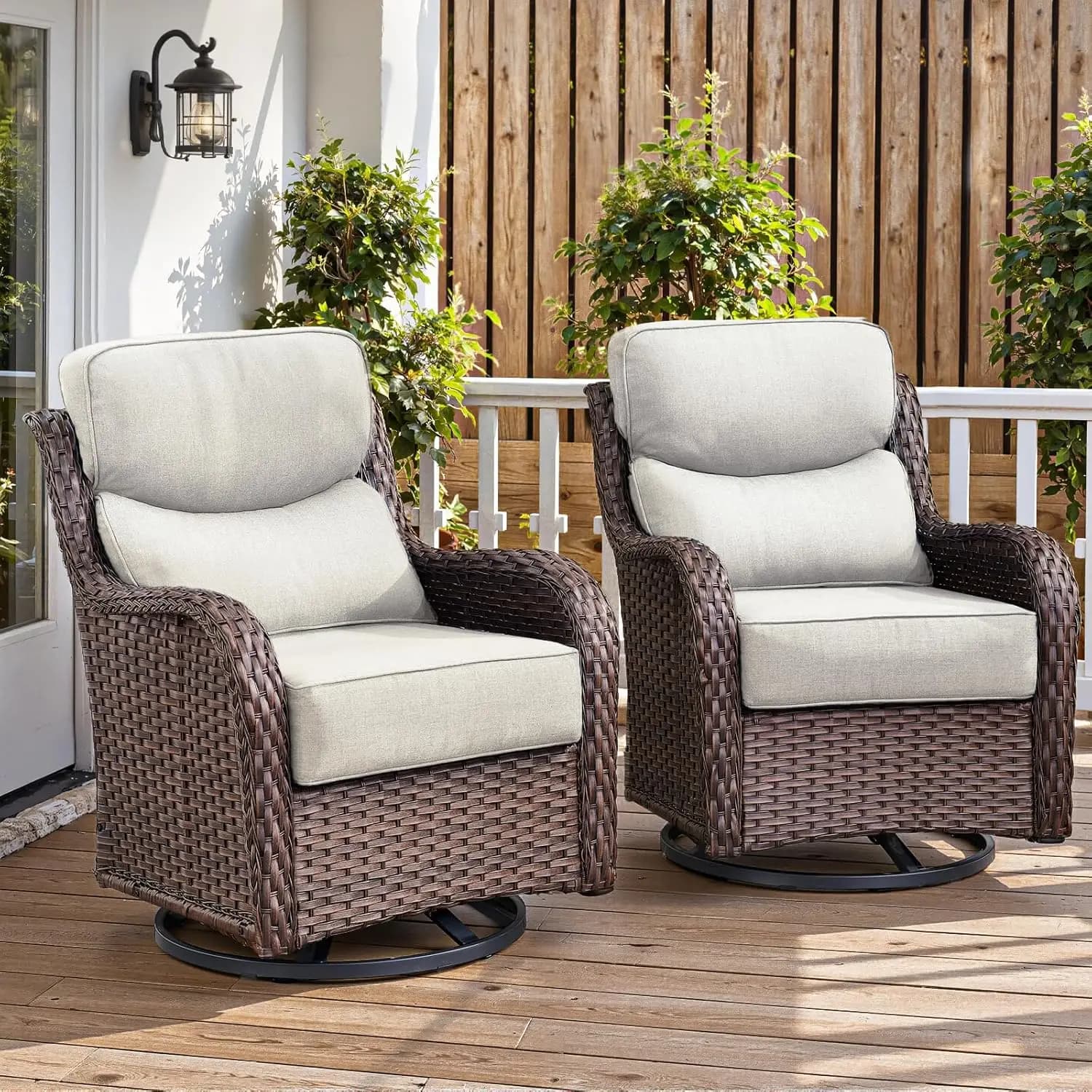 Set di 2 Sedie da Patio Girevoli e Oscillanti da 6 Pollici, Ergonomiche in Vimini per Terrazza e Portico, Personalizzabili