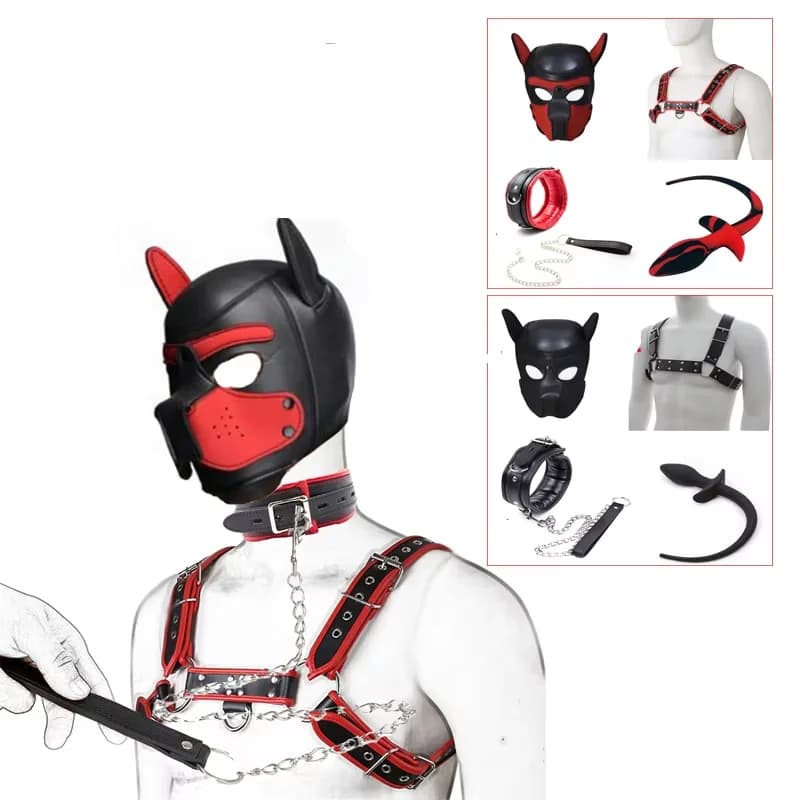 Set gioco di ruolo per animali domestici BDSM, maschera per cappuccio per cani da gioco per cuccioli, cinturino per imbracatura toracica maschile in pelle, spina per coda di cane, collare per collo a tazza, giocattolo del sesso