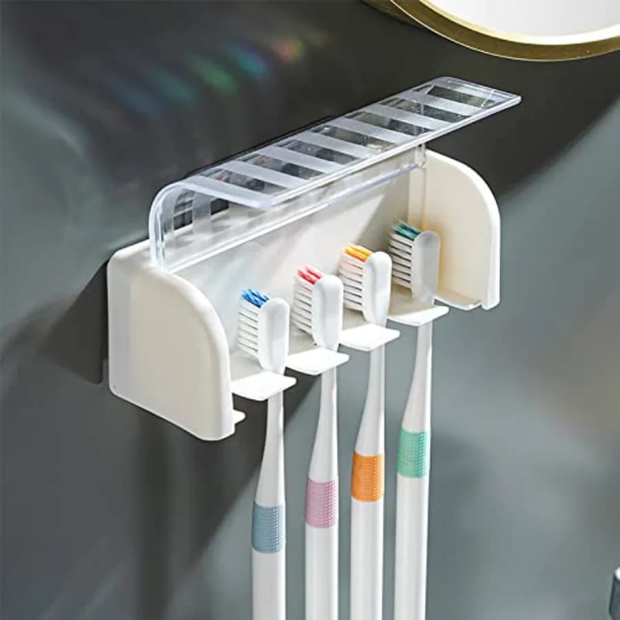 5 Slots Toothbrush Holder Wall Mount with Cover, Self Adhesive Toothbrushes Storage Organizer Perfect for Dorm Bathrooms and Sh