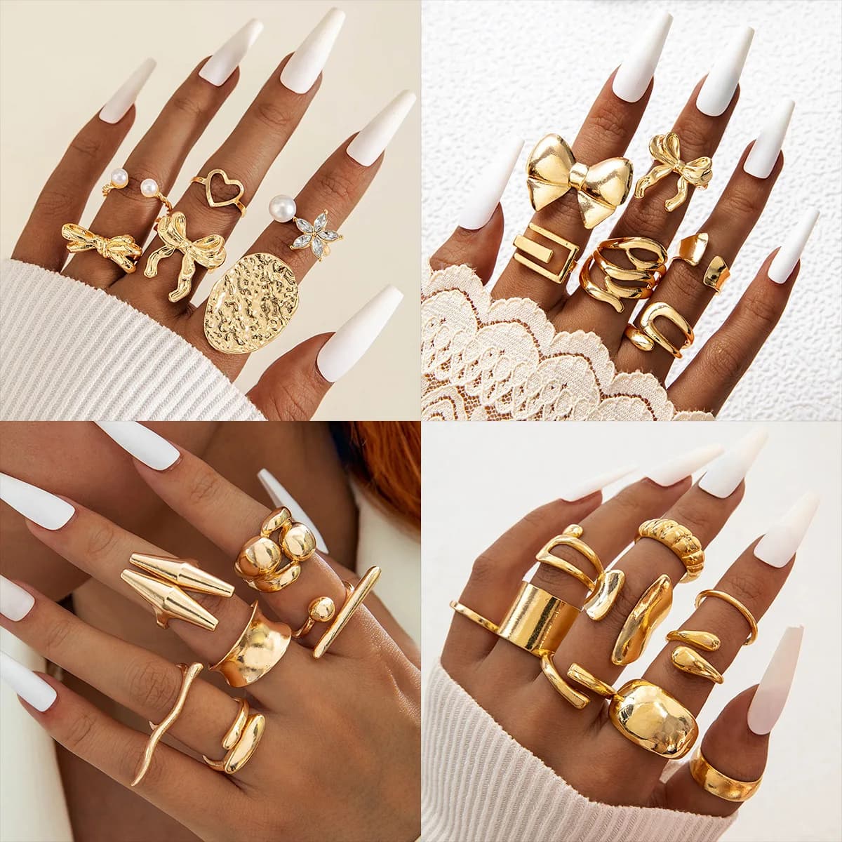 Irregular hollow geometric ring set with exaggerated shapes and heavy metal finish
