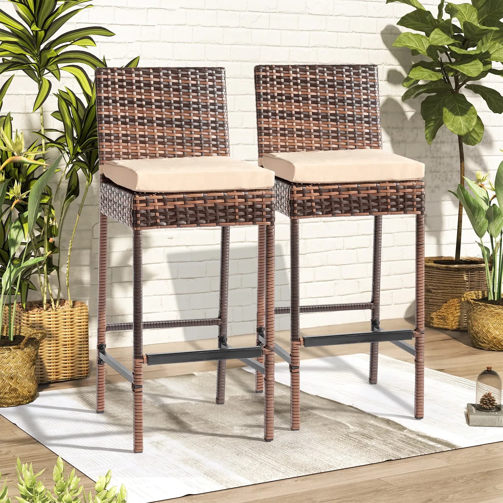 Set of 2 Outdoor Backyard Patio Wicker Barstool Bar Stools W/ Beige Cushion Seat