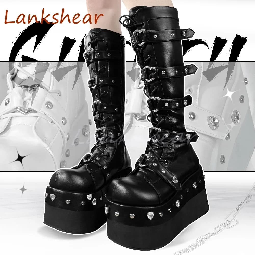 Stivali da donna con punta tonda a forma di cuore Altezza crescente Suola spessa Punk Retro Pelle verniciata Fibbia per cintura Scarpe da donna Nuovi arrivi