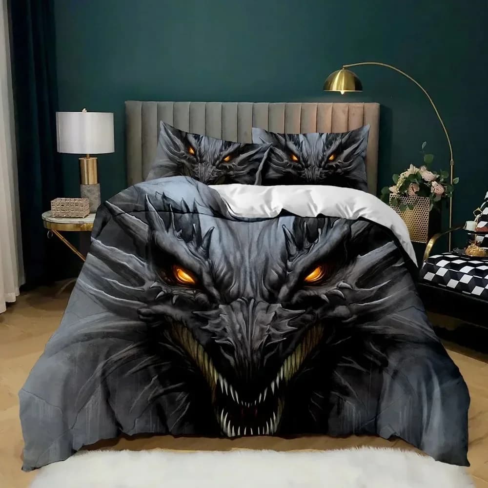 Biancheria da letto Queen 3D Mythical Dragon Print Set letto 3 pezzi con federe per cuscini Set copripiumino in poliestere fresco per bambini senza trapunta