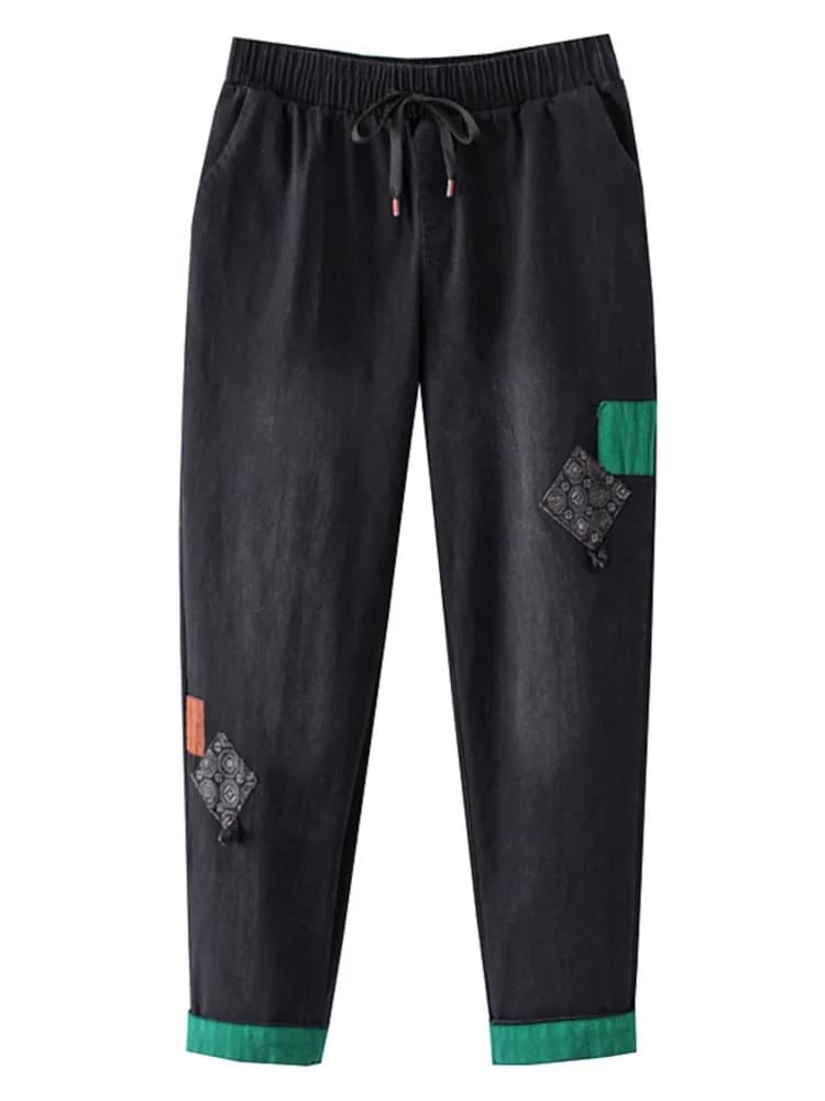 Harem pants in high waist stretch denim for women, casual washed jeans, pants with green patches, strong sizes, spring fashion, autumn