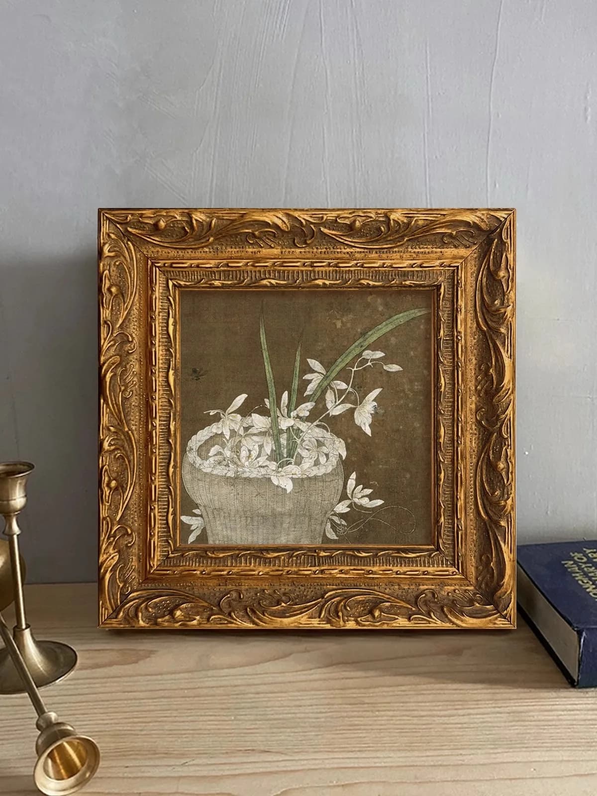 Retro Square Carved Photo Frame Oil Painting Decorative Wall Hanging Frame High-End Feeling Wooden Material No Picture Included