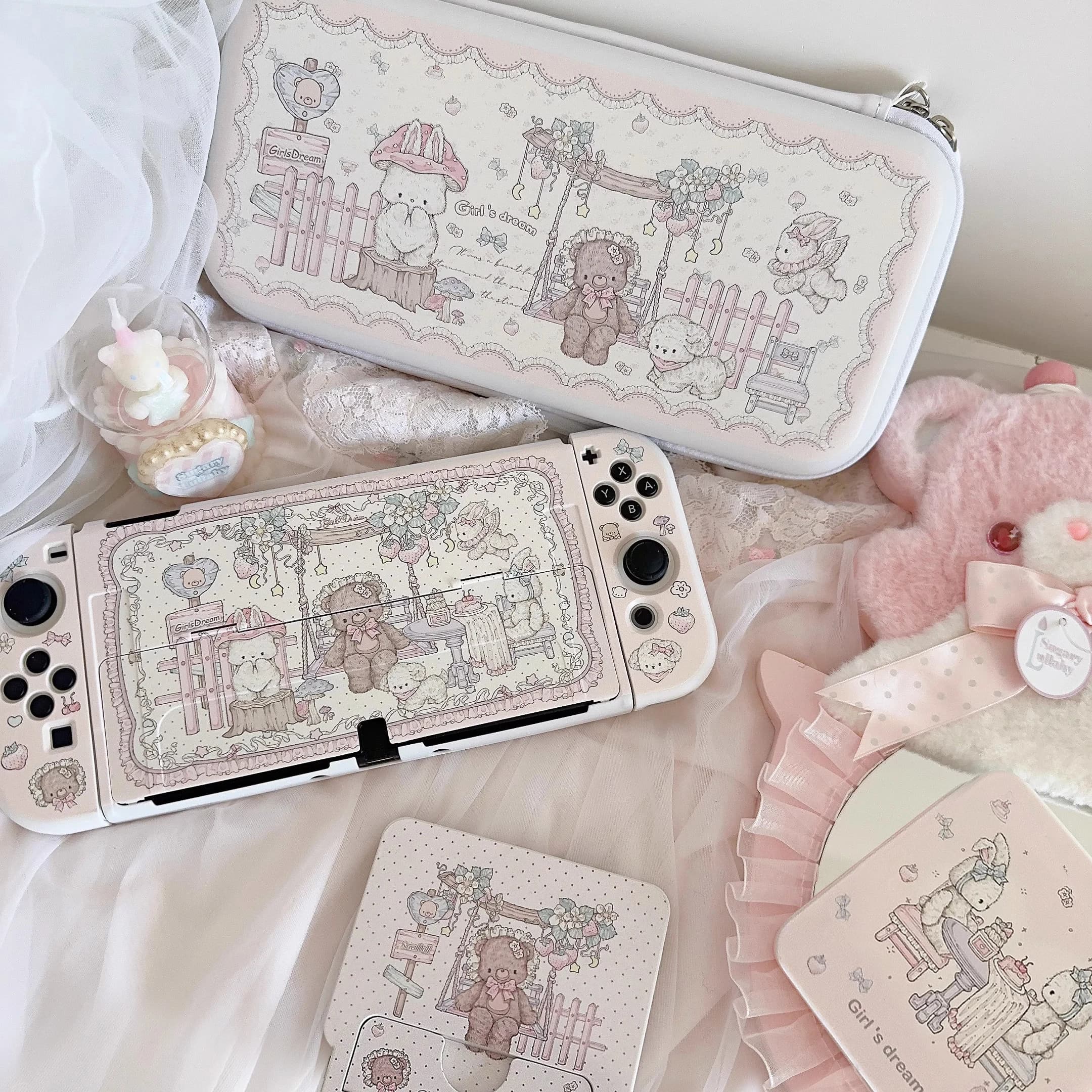 Custodia Protettiva per Nintendo Switch OLED a Forma di Orsetto e Coniglietto Kawaii, Cover Dockabile per Controller Joy-Con NS Switch