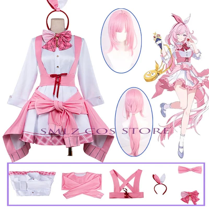 Costume Cosplay Elysia di Honkai Impact 3, Abito da Cameriera Rosa con Set Parrucca, Outfit per Feste di Halloween per Donna