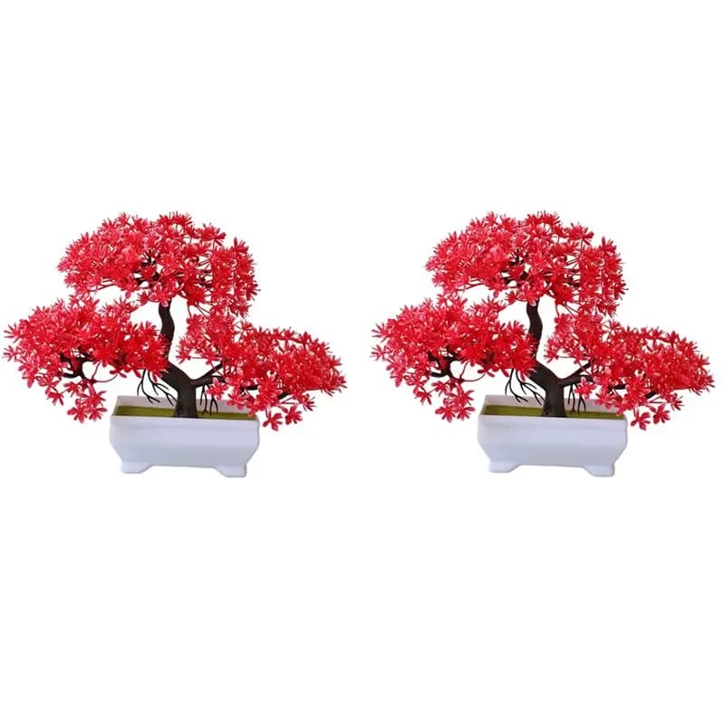 AT05-2Pcs Artificial Plant Bonsai Plastic Small Tree Pot Fake Plant Flower Potted Ornaments For Home Room Table Easy To Use ,Red