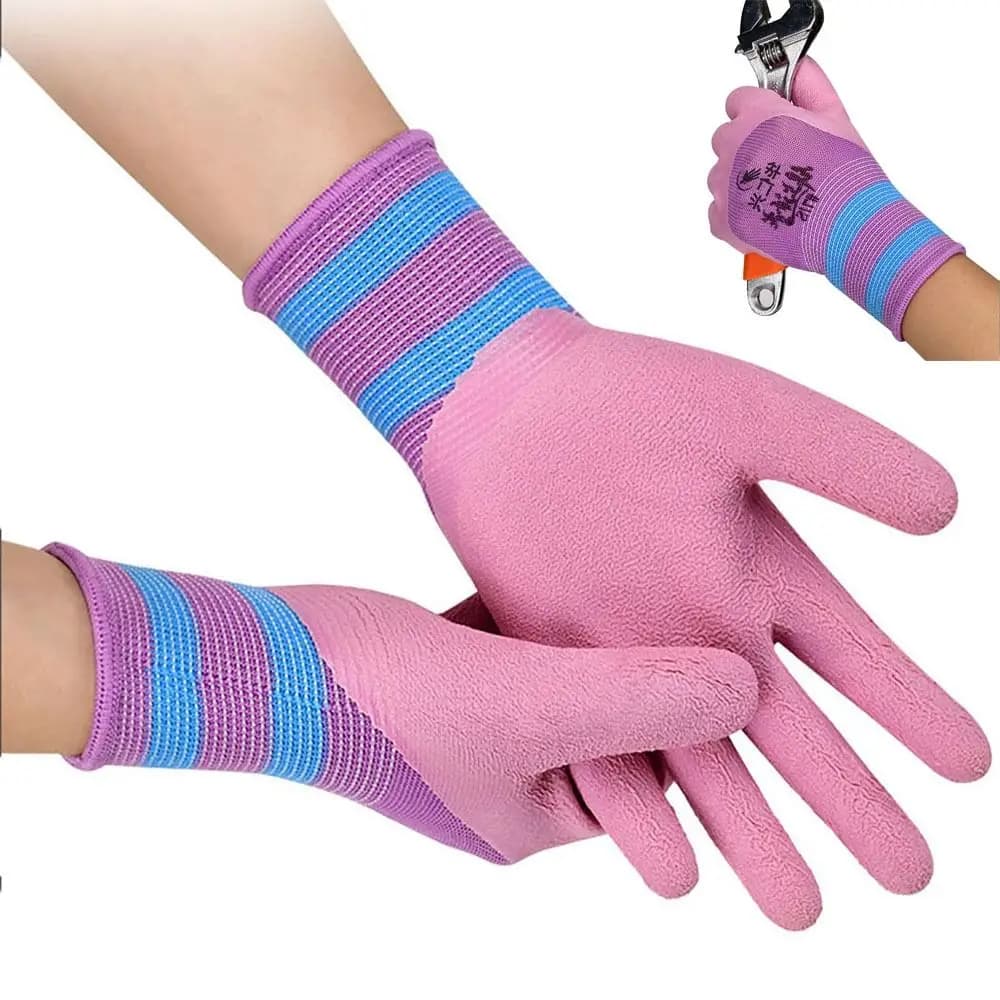 Strumento Guanti da lavoro rosa Nylon 15 aghi Guanti rivestiti in gomma Guanti protettivi flessibili per rughe in lattice Donna